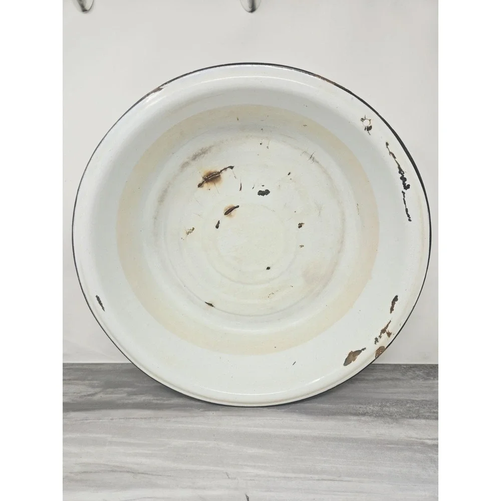VTG White Black Enamelware Basin Bowl Antique Primitive Large 16